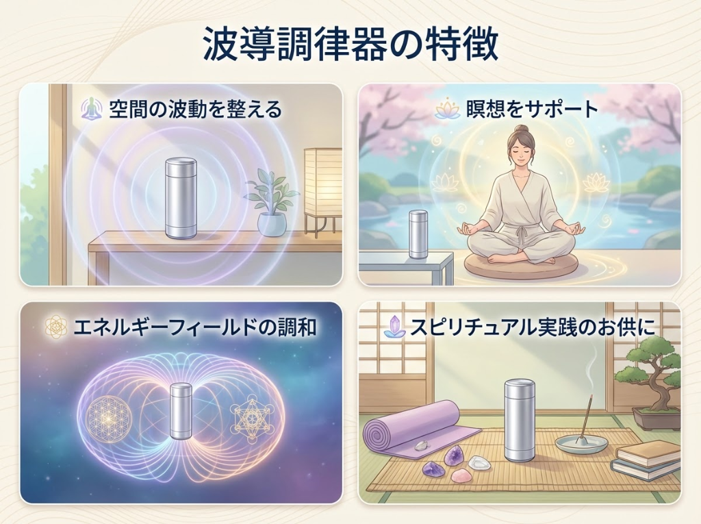 波導調律器の4つの特徴 - 空間の波動を整える、瞑想をサポート、エネルギーフィールドの調和、スピリチュアル実践のお供に