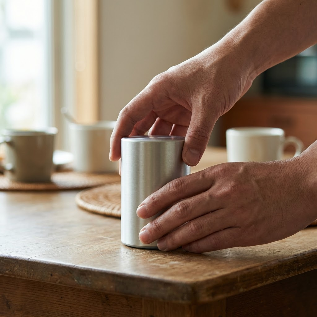 波導調律器を手に取る様子 - 手に馴染むサイズ感と質感