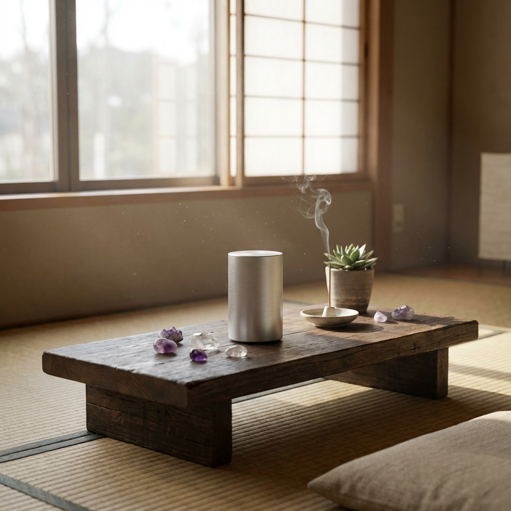 和室の低いテーブルに置かれた波導調律器 - クリスタルと香とともに静謐な空間を演出