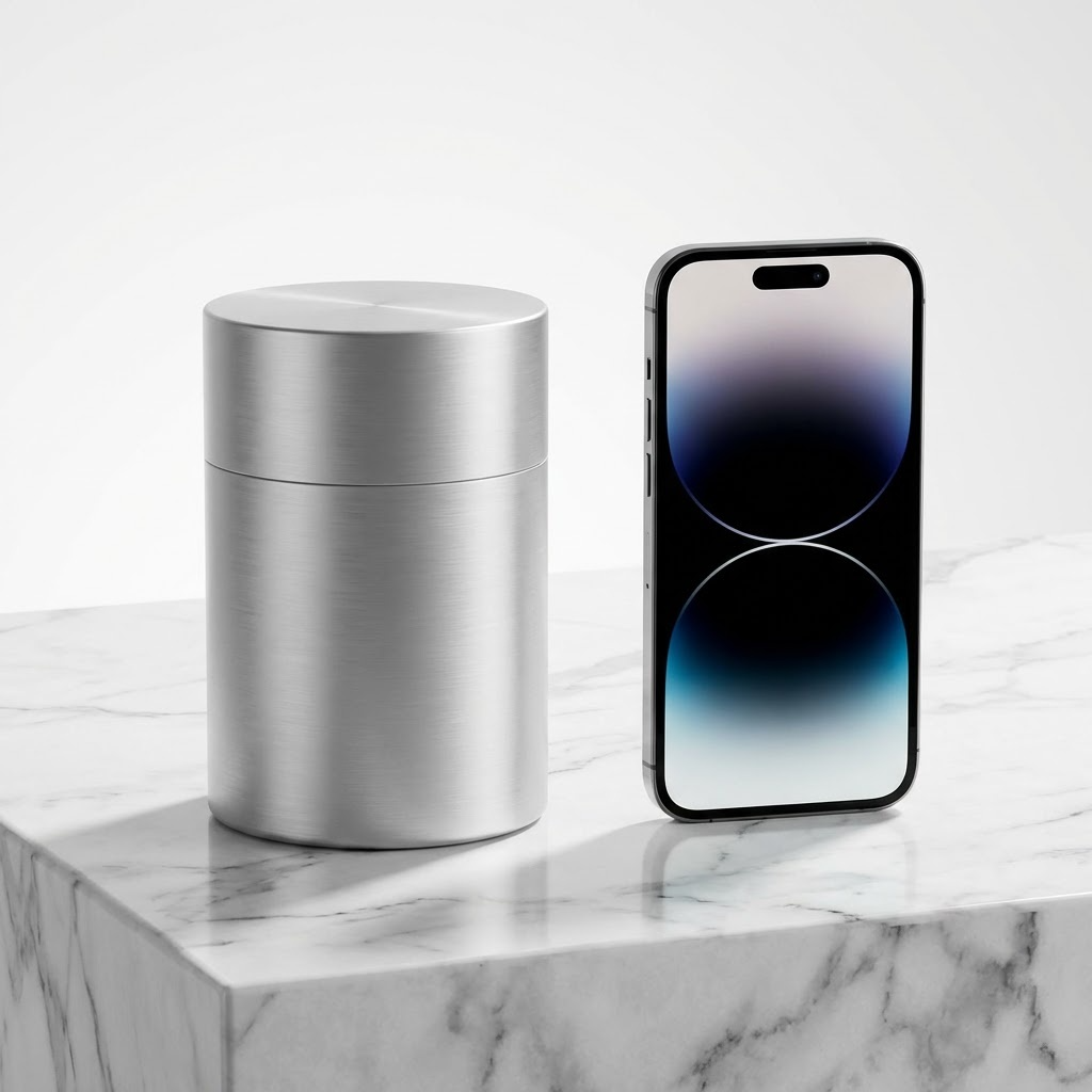 波導調律器とスマートフォンのサイズ比較 - 大理石テーブルの上で